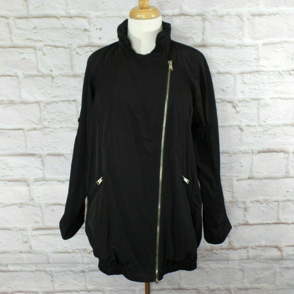 BCBG Generation Black Tab-Sleeve Asymmetrical Zip Hidden Hood Zip-Up Jacket sz S